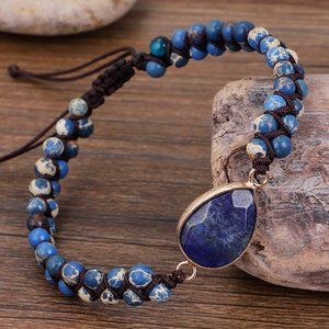 Natural Lapis Lazuli Stone Blue Jasper Gemstone Beaded Bracelet Teardrop Charm